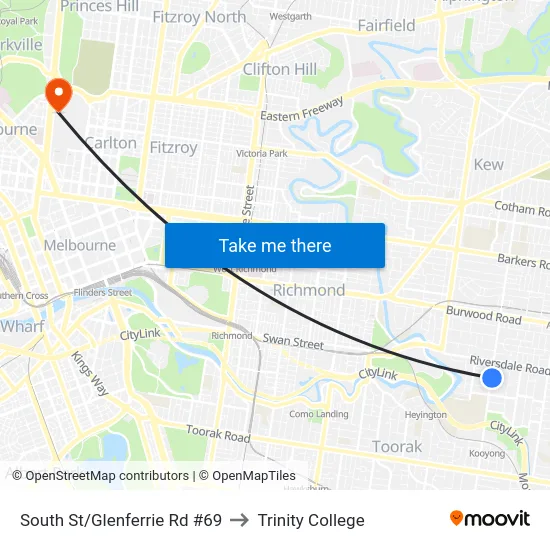 South St/Glenferrie Rd #69 to Trinity College map