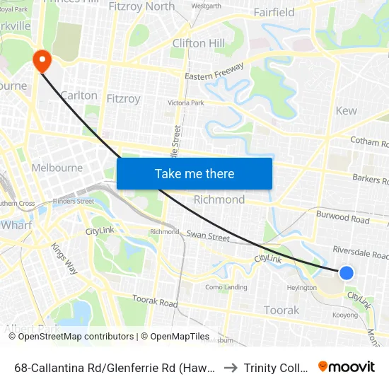 Callantina Rd/Glenferrie Rd #68 to Trinity College map
