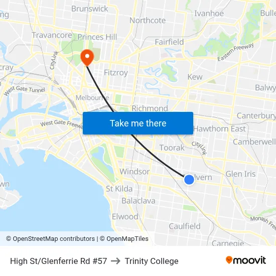 High St/Glenferrie Rd #57 to Trinity College map