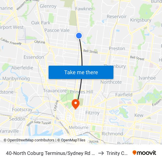 40-North Coburg Terminus/Sydney Rd (Coburg North) to Trinity College map