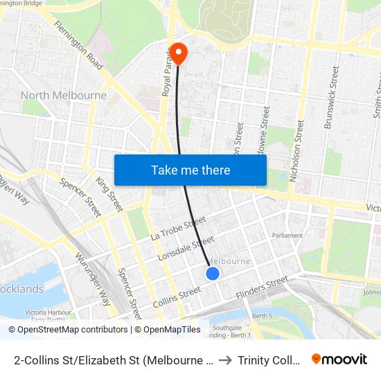 2-Collins St/Elizabeth St (Melbourne City) to Trinity College map