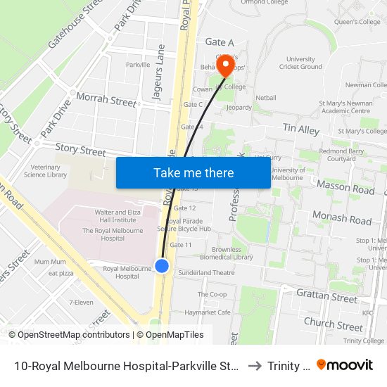 10-Royal Melbourne Hospital-Parkville Station/Royal Pde (Melbourne City) to Trinity College map