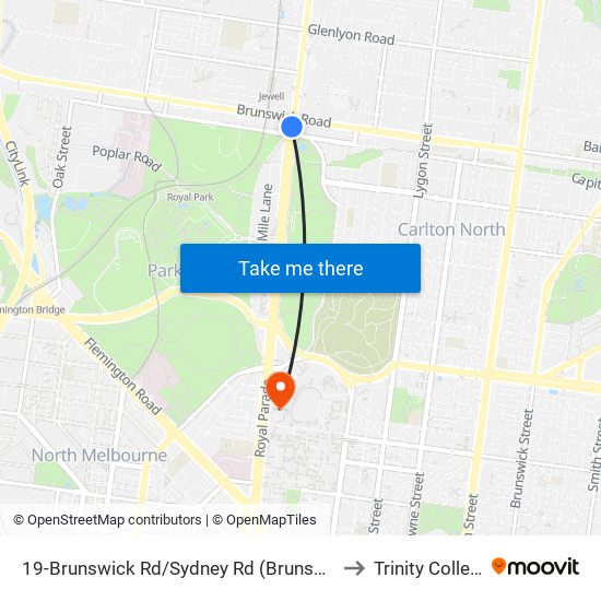 19-Brunswick Rd/Sydney Rd (Brunswick) to Trinity College map