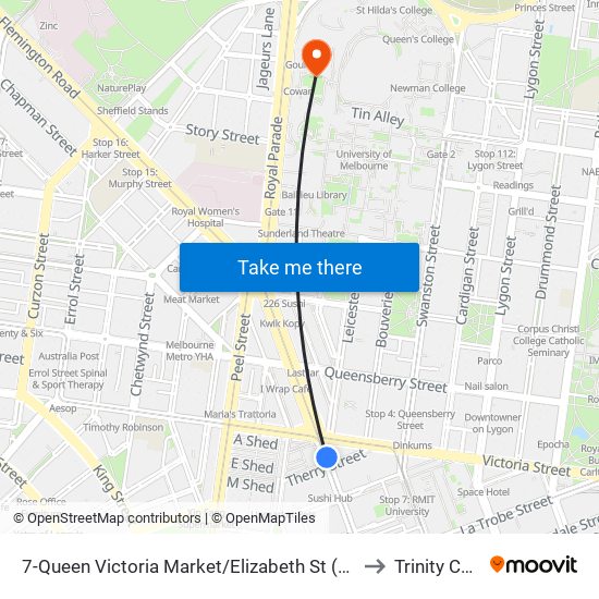 7-Queen Victoria Market/Elizabeth St (Melbourne City) to Trinity College map