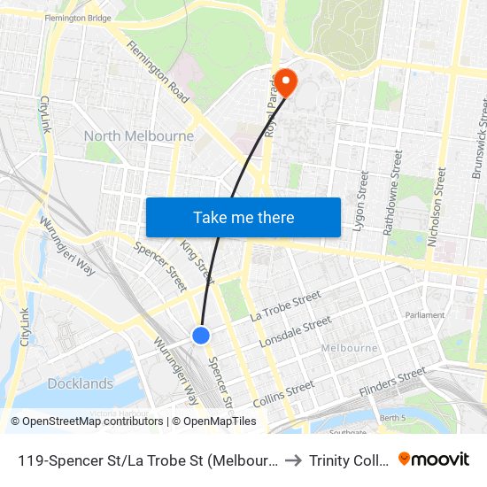 119-Spencer St/La Trobe St (Melbourne City) to Trinity College map