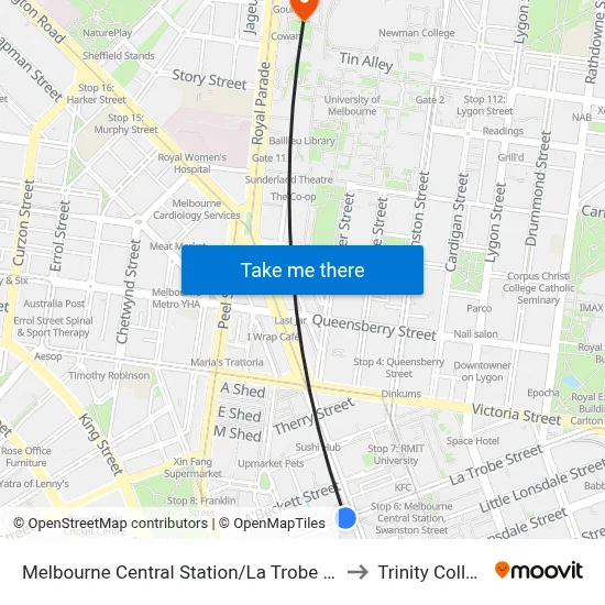 Melbourne Central Station/La Trobe St  #5 to Trinity College map