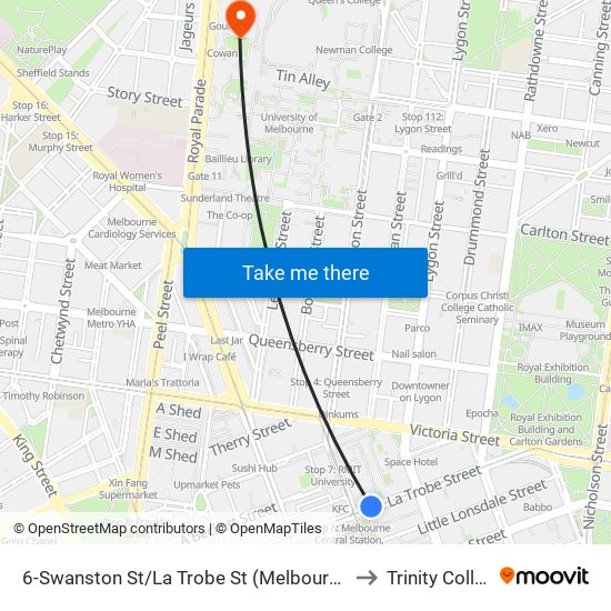 6-Swanston St/La Trobe St (Melbourne City) to Trinity College map