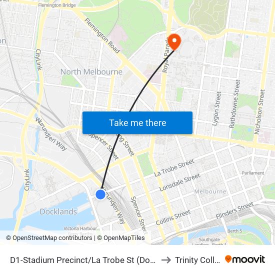 D1-Stadium Precinct/La Trobe St (Docklands) to Trinity College map