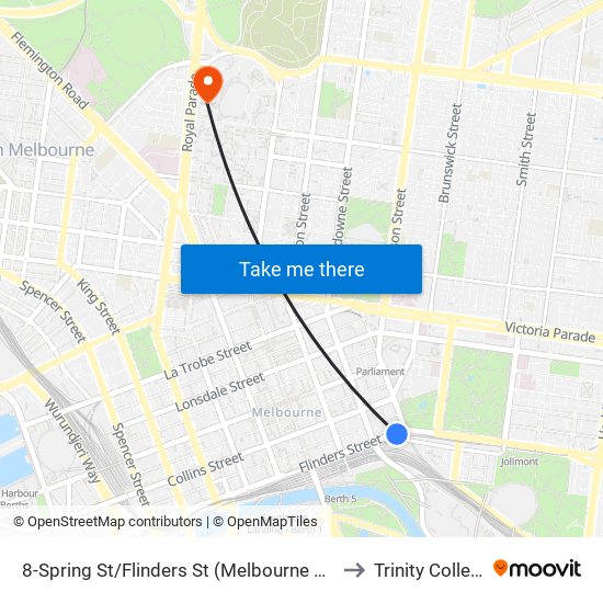 8-Spring St/Flinders St (Melbourne City) to Trinity College map