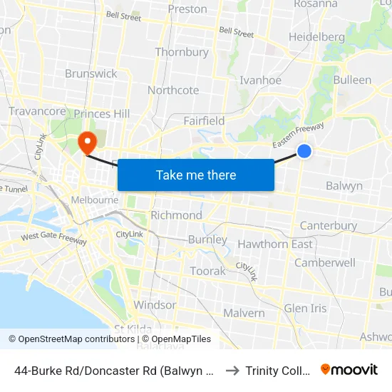 Burke Rd/Doncaster Rd #44 to Trinity College map