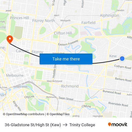 36-Gladstone St/High St (Kew) to Trinity College map