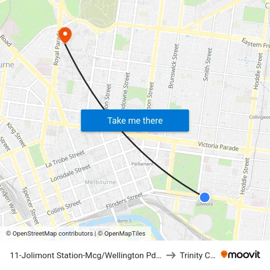 Jolimont Station-Mcg/Wellington Pde #11 to Trinity College map