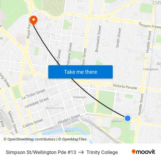 Simpson St/Wellington Pde #13 to Trinity College map