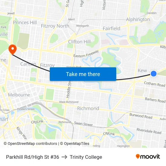 Parkhill Rd/High St #36 to Trinity College map