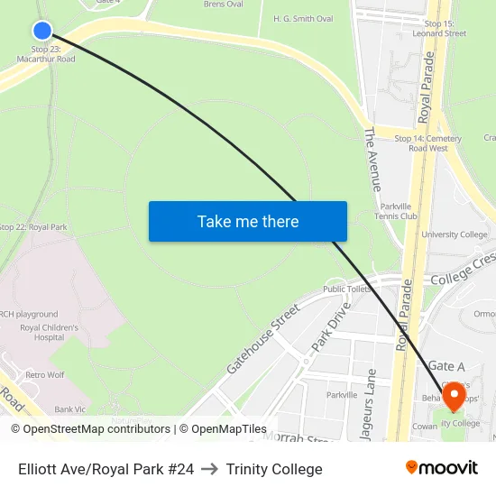 Elliott Ave/Royal Park #24 to Trinity College map