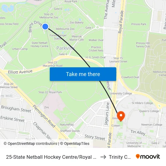 State Netball Hockey Centre/Royal Park #25 to Trinity College map