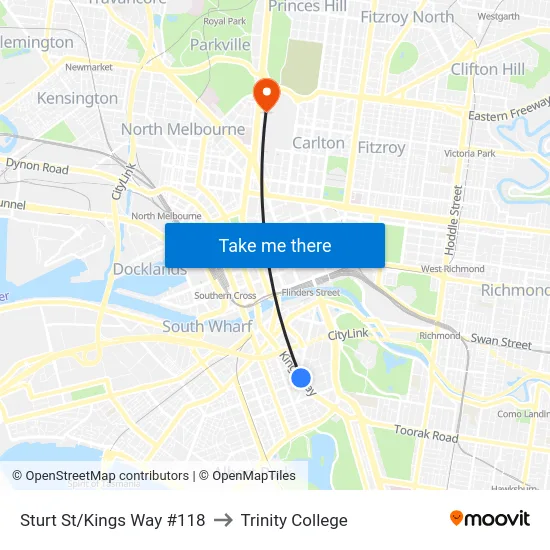 Sturt St/Kings Way #118 to Trinity College map