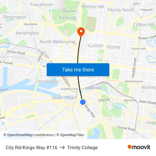 City Rd/Kings Way #116 to Trinity College map