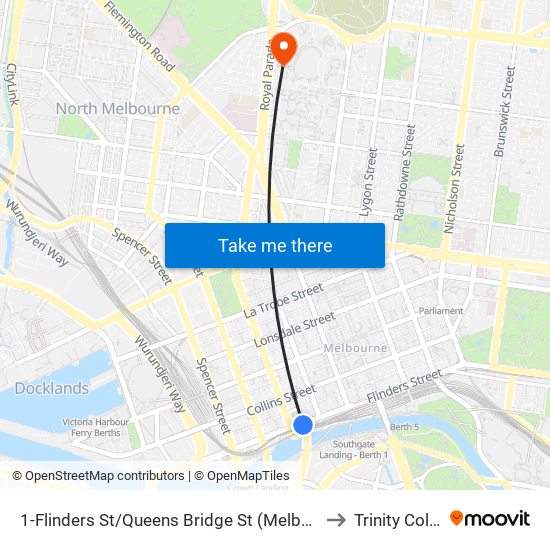 1-Flinders St/Queens Bridge St (Melbourne City) to Trinity College map