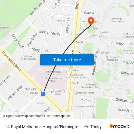 14-Royal Melbourne Hospital/Flemington Rd (North Melbourne) to Trinity College map