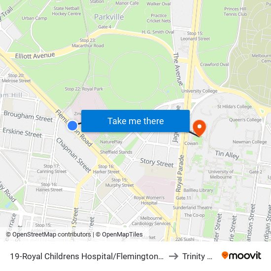 19-Royal Childrens Hospital/Flemington Rd (North Melbourne) to Trinity College map
