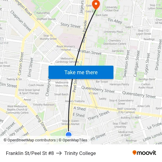 Franklin St/Peel St #8 to Trinity College map