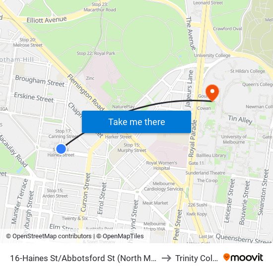 16-Haines St/Abbotsford St (North Melbourne) to Trinity College map