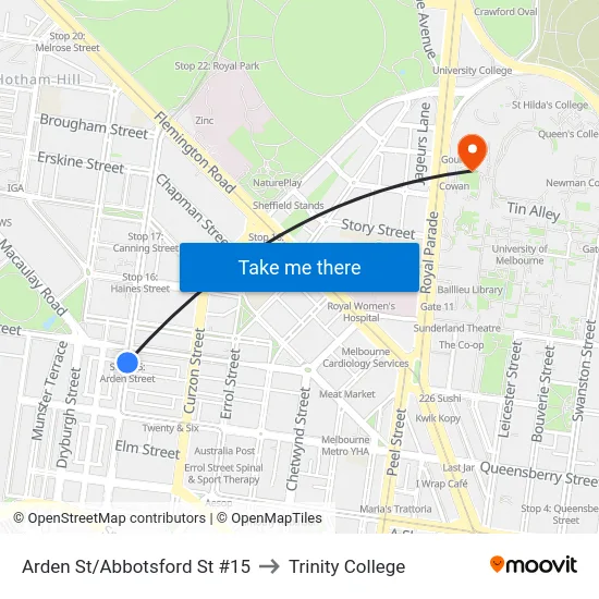 Arden St/Abbotsford St #15 to Trinity College map