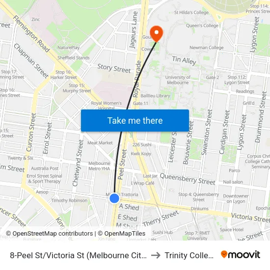 Peel St/Victoria St #8 to Trinity College map