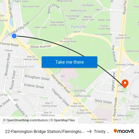 Flemington Bridge Station/Flemington Rd #22 to Trinity College map