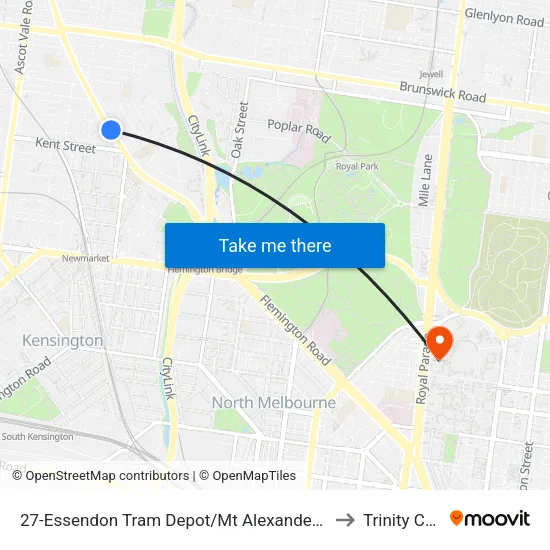 Essendon Tram Depot/Mt Alexander Rd #27 to Trinity College map