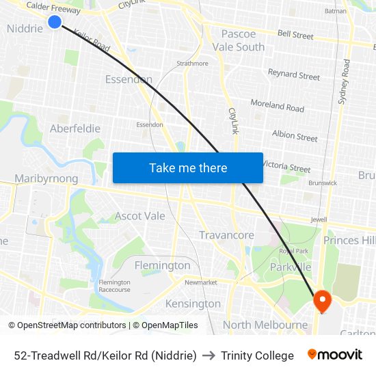 52-Treadwell Rd/Keilor Rd (Niddrie) to Trinity College map