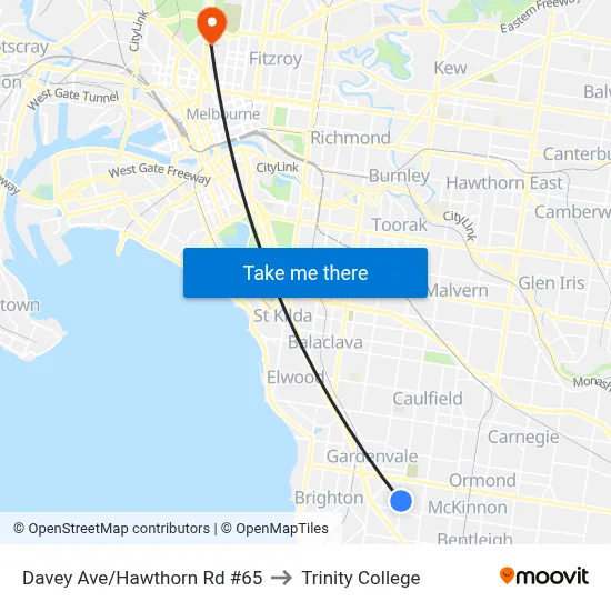 Davey Ave/Hawthorn Rd #65 to Trinity College map