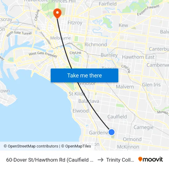 Dover St/Hawthorn Rd #60 to Trinity College map