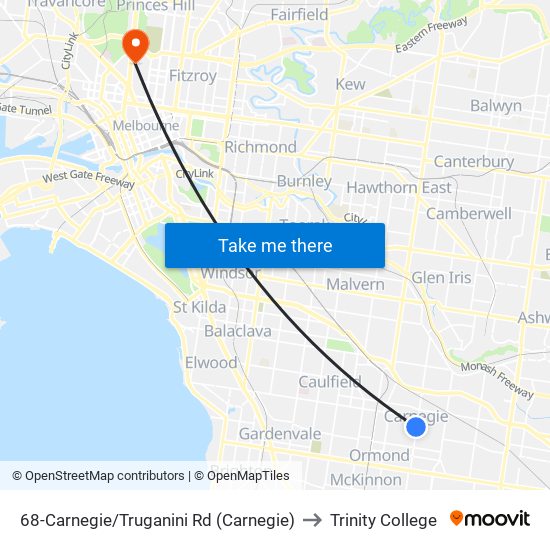 68-Carnegie/Truganini Rd (Carnegie) to Trinity College map