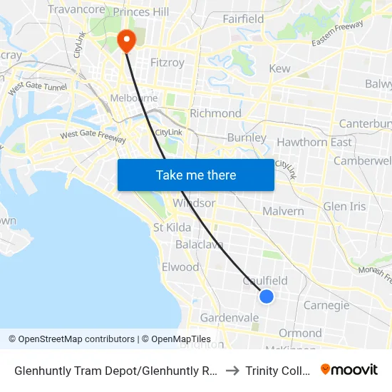 Glenhuntly Tram Depot/Glenhuntly Rd #53 to Trinity College map