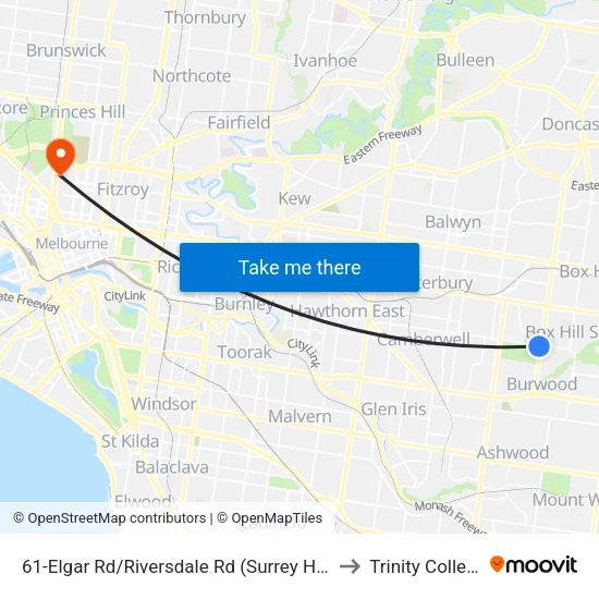 Elgar Rd/Riversdale Rd #61 to Trinity College map