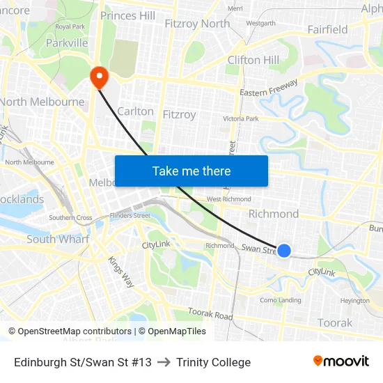 Edinburgh St/Swan St #13 to Trinity College map