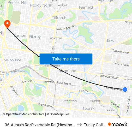 36-Auburn Rd/Riversdale Rd (Hawthorn East) to Trinity College map