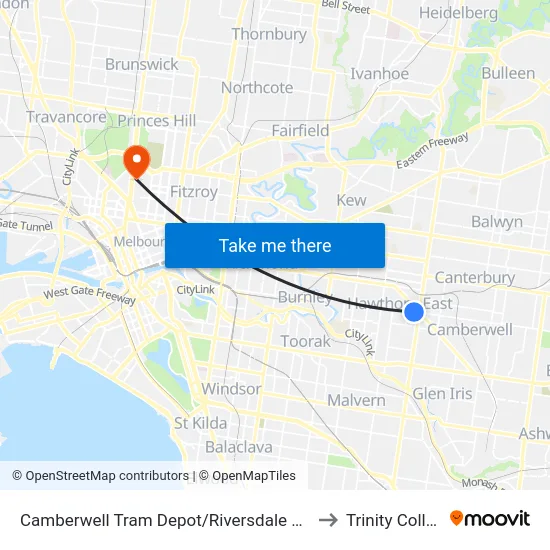 Camberwell Tram Depot/Riversdale Rd #39 to Trinity College map