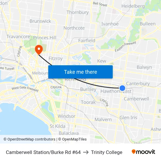 Camberwell Station/Burke Rd #64 to Trinity College map
