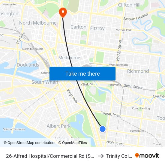 26-Alfred Hospital/Commercial Rd (South Yarra) to Trinity College map