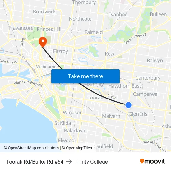 Toorak Rd/Burke Rd #54 to Trinity College map