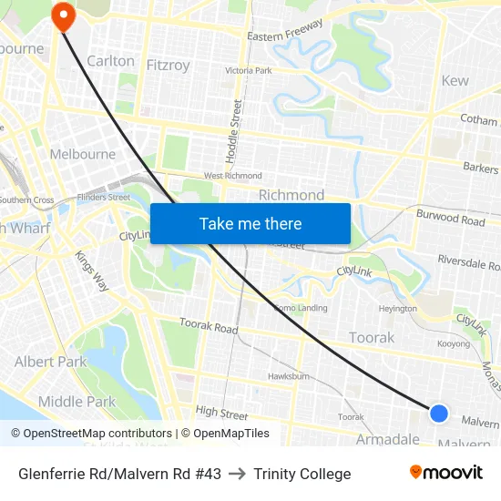 Glenferrie Rd/Malvern Rd #43 to Trinity College map