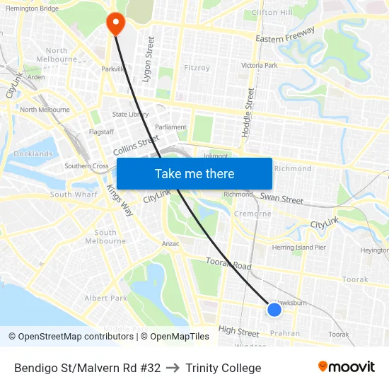 Bendigo St/Malvern Rd #32 to Trinity College map