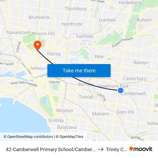42-Camberwell Primary School/Camberwell Rd (Camberwell) to Trinity College map