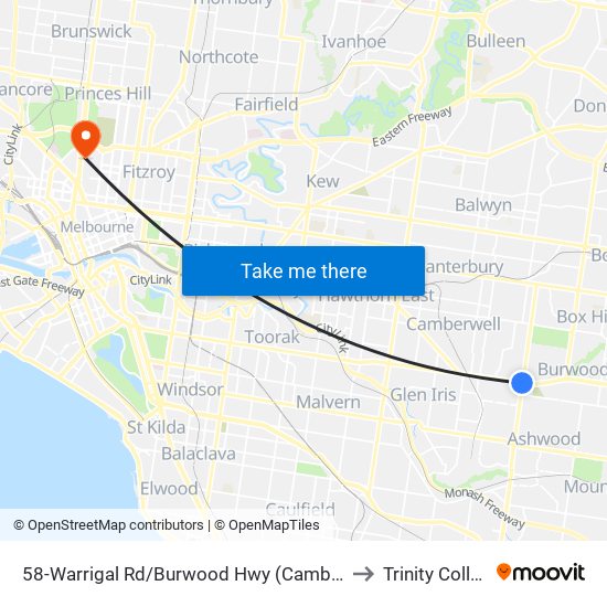 58-Warrigal Rd/Burwood Hwy (Camberwell) to Trinity College map