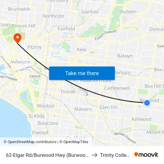 Elgar Rd/Burwood Hwy #62 to Trinity College map