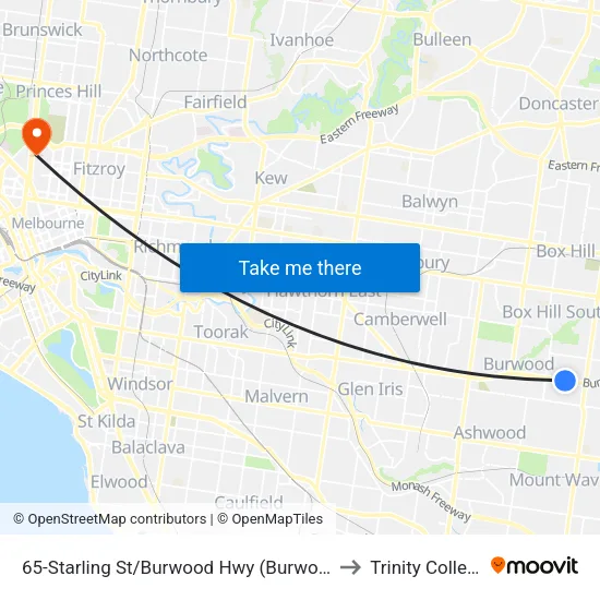 Starling St/Burwood Hwy #65 to Trinity College map