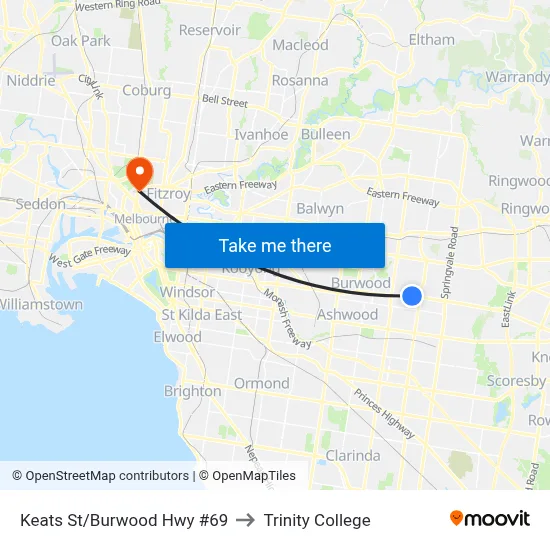 Keats St/Burwood Hwy #69 to Trinity College map